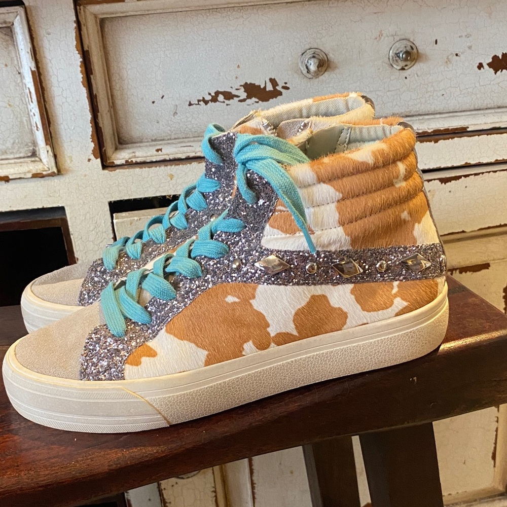 Gianni bini Womens Cow Fur Glitter Colorblock High Top Sneakers